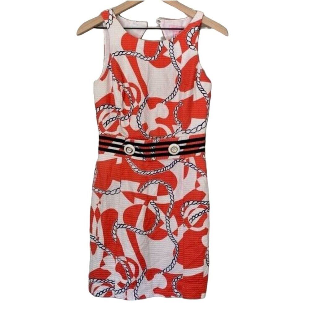 Lilly Pulitzer Dress 2 XS Nautical Coastal Anchor Knot Sheath Coral Navy Small s